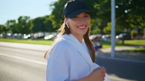 Happy Jogger Training Endurance Enjoying Sport Activity at Sunny Street Closeup