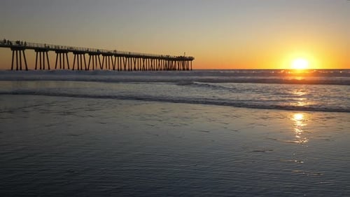 Tracking shot of santa monica beach at sunset in beautiful California