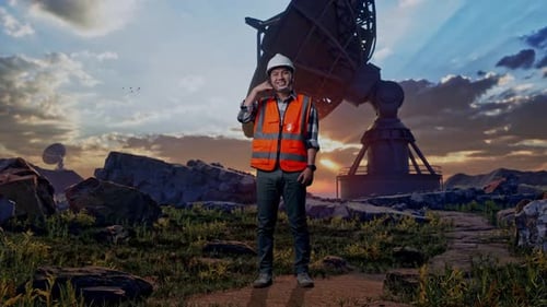 Engineer at Sunset Makes Call-Me Hand Gesture