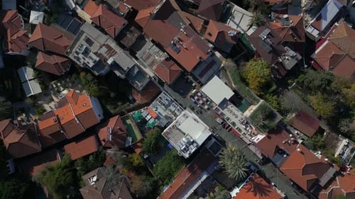 Topdown View the Camera Flies Over the Red Tiled Roofs