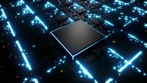 Futuristic Digital Circuit Board Animation with Glowing Blue Data Paths