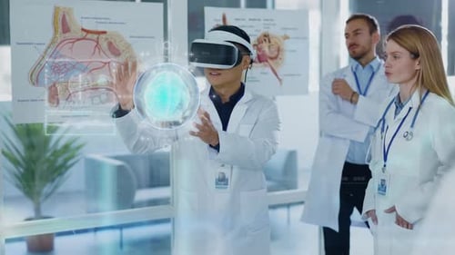 Future Medicine Doctors Discussing Human Brain Surgery Wearing Virtual Reality Glasses High Tech