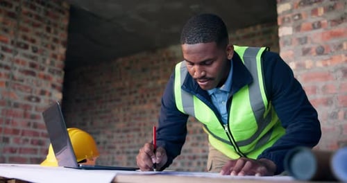 Black man, laptop and drawing on construction site for blueprint, inspection or update planning