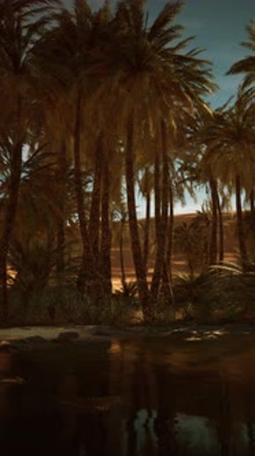 Coucher de soleil vibrant dans l'oasis luxuriante de Gobis avec d'imposants palmiers