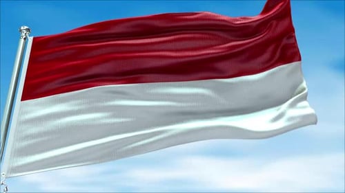 Realistic Red and White Flag Waving in Blue Sky