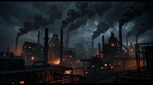 Atmospheric Industrial Factory Scene with Billowing Smoke at Night