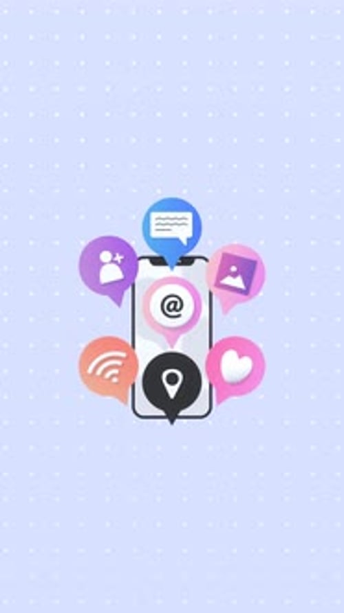 Vertical animation of a smartphone surrounded by social media icons for Online Networking.