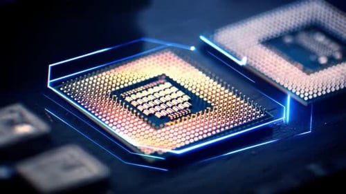 Futuristic Glowing Lines Animated Over a Digital Processor