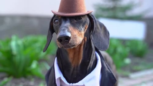 Dachshund Dog Dressed in Suit and Hat