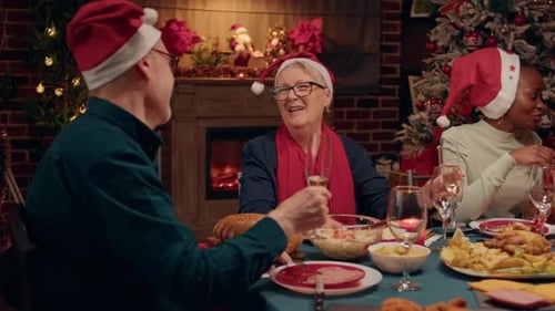 Family Celebrates Christmas with Dinner and Champagne