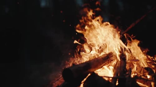 Close up of a campfire, with rising embers floating in the air