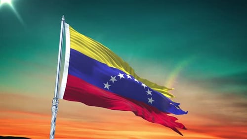 Waving Venezuelan Flag Loop against Dramatic Sunset Sky