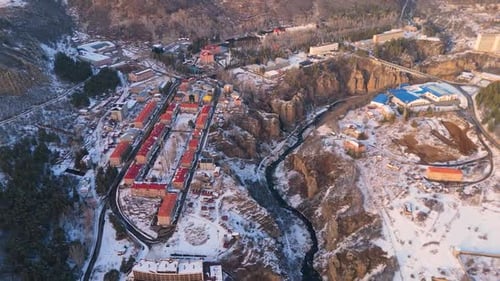 Jermuk is a popular resort town in Armenia. Drone shot Jermuk city in winter time.