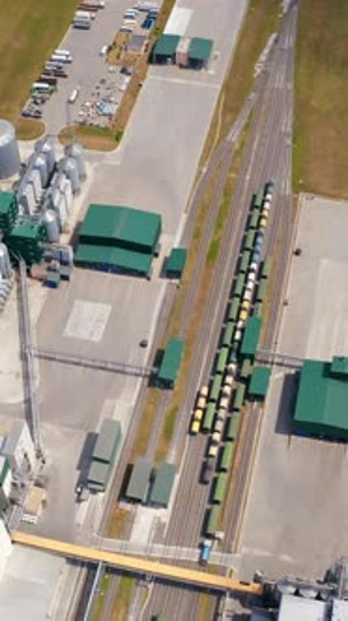 Agricultural silos on field. Grain elevators for storage and drying of cereals.