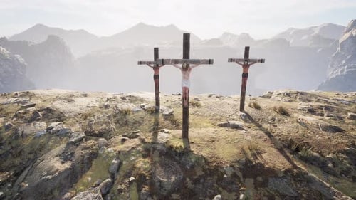 Three Crosses on Calvary Hill at Sunrise