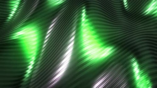Vibrant green waves flow across metallic surface, dynamic abstract energy