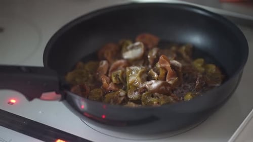 Cooking food in frying pan inside kitchen