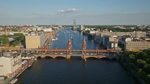 Aerial view of train crossing The Oberbaum Bridge , Berlin , Germany
