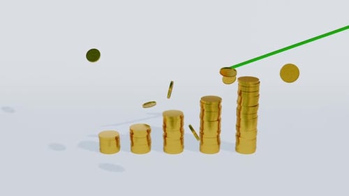 Golden Coins Falling on a Rising Financial Bar Chart Animation