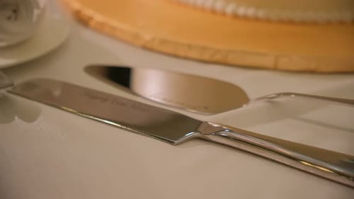 Close Up Shot of Wedding Cake and Knife to Cut a Cake on Wedding Event Move Camera