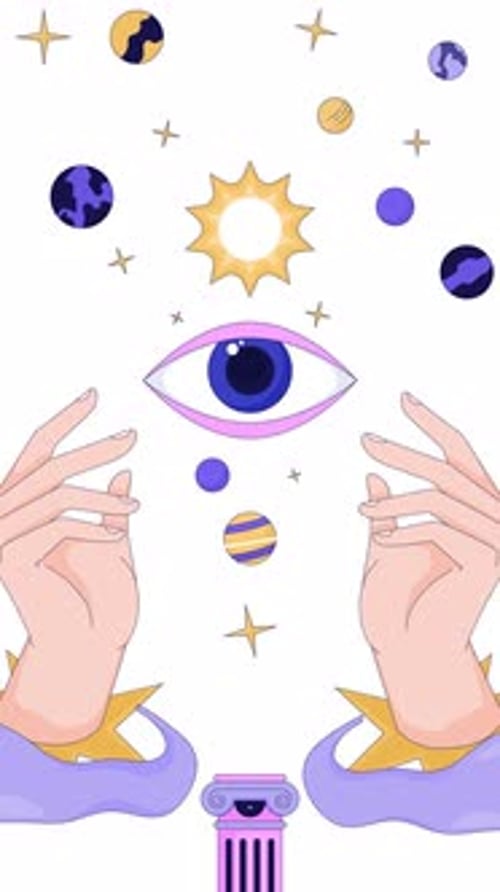 Surreal cosmic mystical eye and planets transparent overlay animation