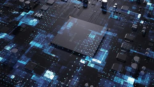 Digital Technology Circuit Board with Glowing Data Flow