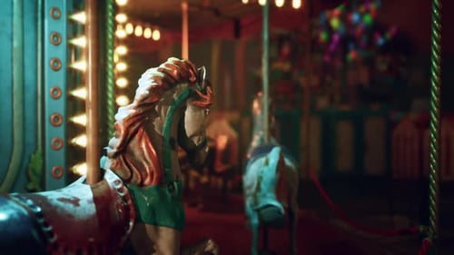 Empty Amusement Park at Night with Faded Carousel Horses Waiting for Visitors