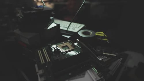 Detail of a Computer Motherboard Amidst Electronic Components in a Workspace