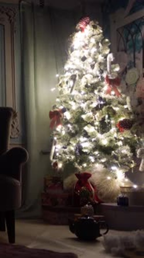 Vertical Video of Christmas Tree Decoration at Night