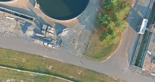 Aerial View of Sewage Treatment Facilities Aerated Water Purification Tanks in a Modern Wastewater