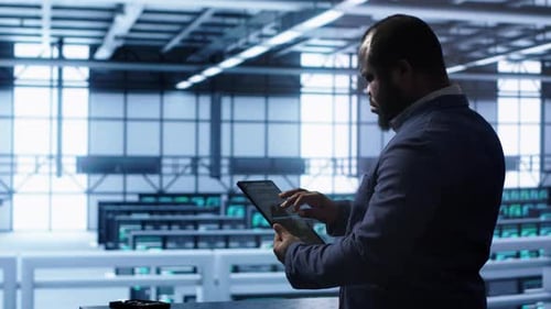 System Administrator in Server Room Installing Newly Ordered Storage Unit