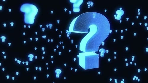 Glowing Wireframe Question Mark Rotating in Cyber Space