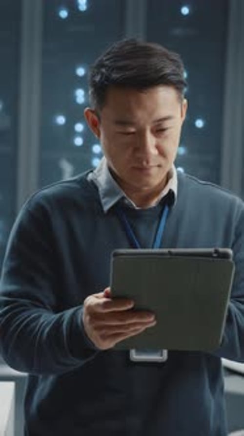 Cheerful Asian IT Software Developer Manager Operator Professional Staff in Modern Data Center