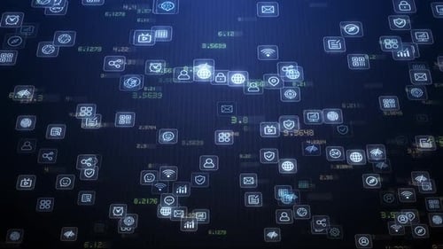 Futuristic Digital Network of Technology Icons and Data Background Loop