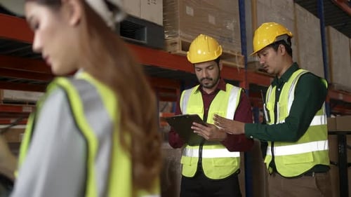 Blue collar workers are working at warehouse.