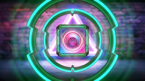 3D rings with a rotating cube in the center in a seamless loop.