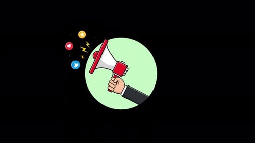 Animated Hand Holding Megaphone Announcing Social Media Engagement