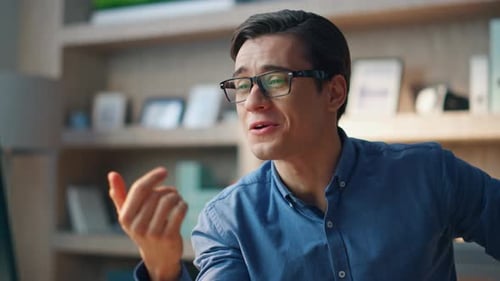 Happy Creator Talking Virtual Call Office Closeup Freelancer Rejoicing Success