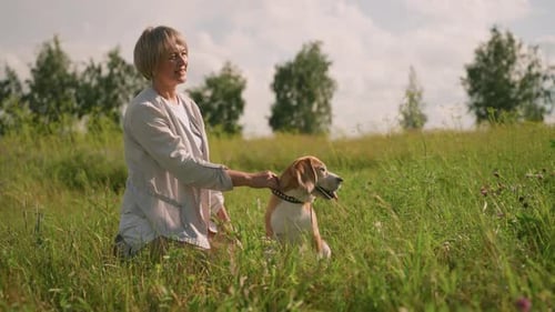 Dog Owner Kneeling in Grassy Field Holding Leash As Dog Looks Intently at Something