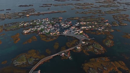 Drone perspective of Veiholmen village in soft morning light