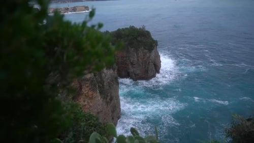Shot from over the cliff with thick green vegetation with the view of sea below on a cloudy day.