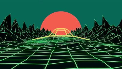 Animation rétro des années 1980 en boucle fluide avec une silhouette de vaisseau volant à travers les rochers jusqu'au soleil