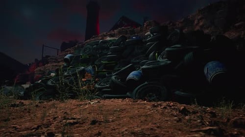 Vista nocturna de una gran pila de neumáticos desechados y un barril azul en un paisaje rocoso y seco