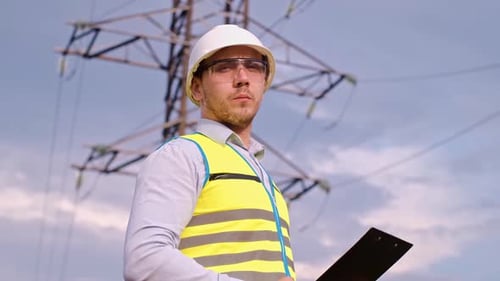 A designer inspects a high voltage tower. An engineer in a hard hat servicing a power transmission p