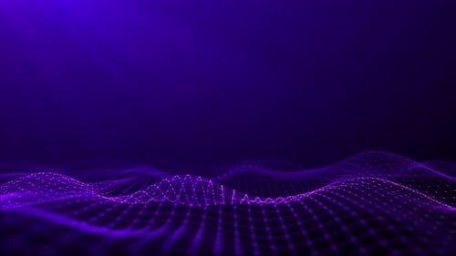 Abstract purple digital waves on dark background. Purple cinematic intro animation. Smoothly moving