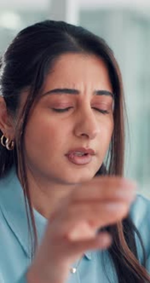 Stress, tired and headache with business woman in office for project deadline, burnout and anxiety