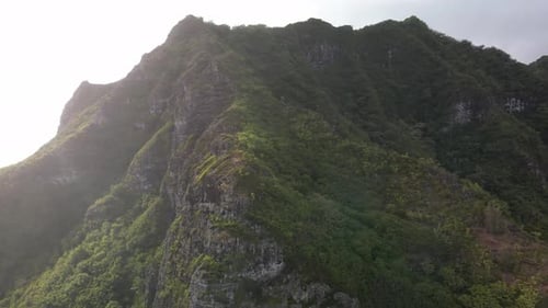 Rising view following the trail on the crouching lion trail on oahu