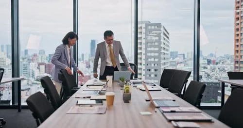 Corporate, meeting and business people in Japan office for acquisition, company merger