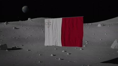 Maltese Flag Waving on Moon Surface with Distant Earth View
