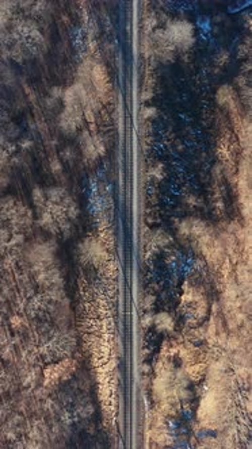 Eisenbahn in der Winterlandschaft. Luftbild von oben auf Eisenbahn und Winterlandschaft mit Bäumen